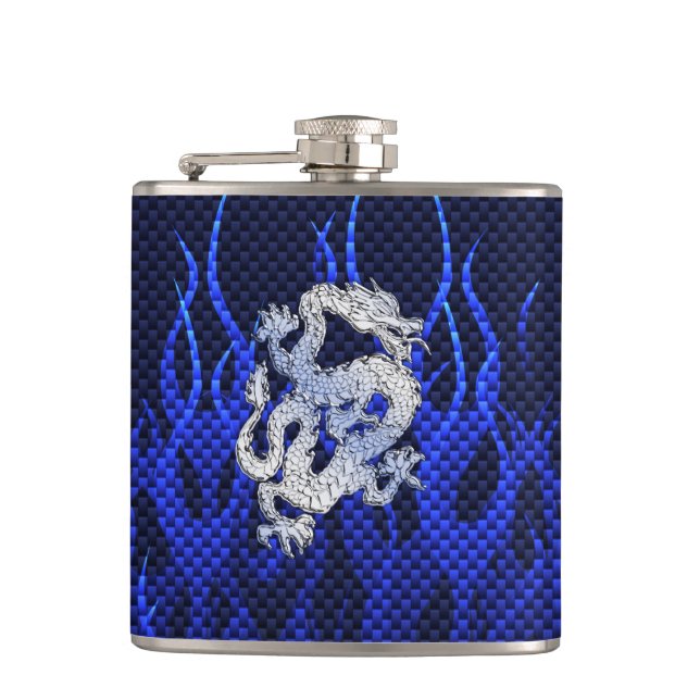 Dragon in Chrome like blue Carbon Fiber Styles Flask (Front)