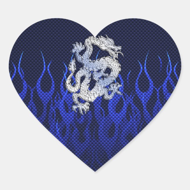 Dragon in Chrome like blue Carbon Fiber Styles Heart Sticker (Front)