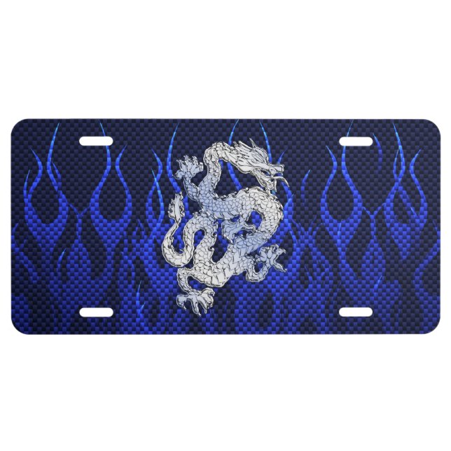 Dragon in Chrome like blue Carbon Fiber Styles License Plate (Front)