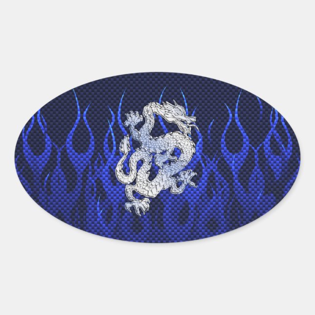Dragon in Chrome like blue Carbon Fiber Styles Oval Sticker (Front)