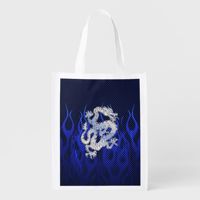 Dragon in Chrome like blue Carbon Fiber Styles Reusable Grocery Bag (Front)