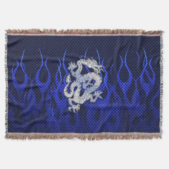 Dragon in Chrome like blue Carbon Fiber Styles Throw Blanket (Front)
