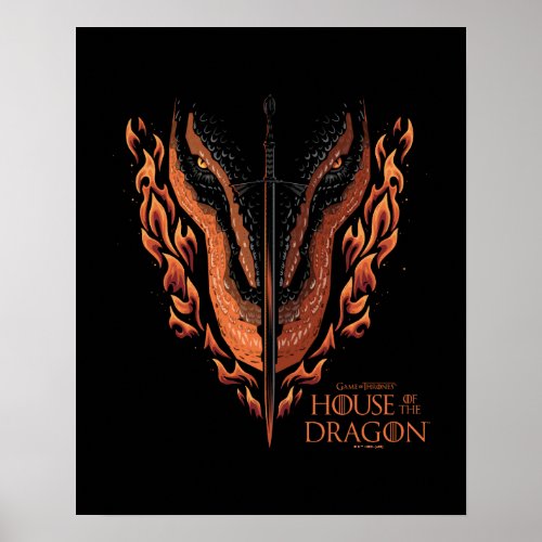 Dragon in Flames Behind Sword Poster
