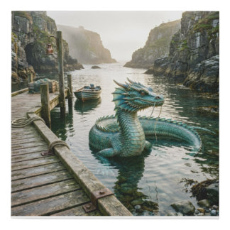 Dragon in the Water by a Mysterious Cove — Fantasy Faux Canvas Print