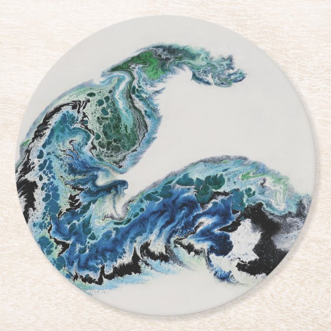 “Dragon in the Waves – Abstract Ocean Energy Round Paper Coaster (Front)
