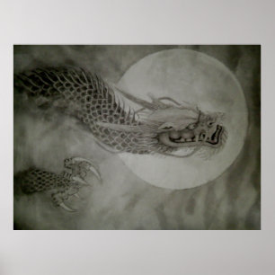 Dragon Ink Painting dragon poster moon