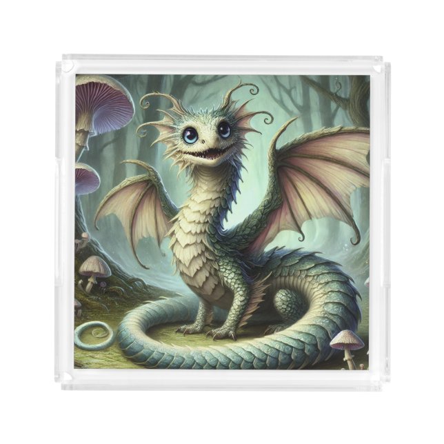 Dragon Jabberwocky Cute Fantasy Creature Art Acrylic Tray (Front)