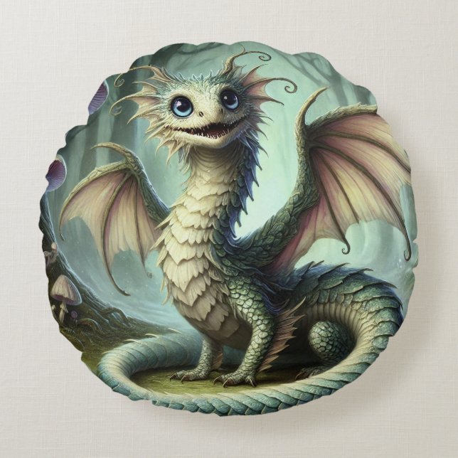 Dragon Jabberwocky Cute Fantasy Creature Art Round Pillow (Front)