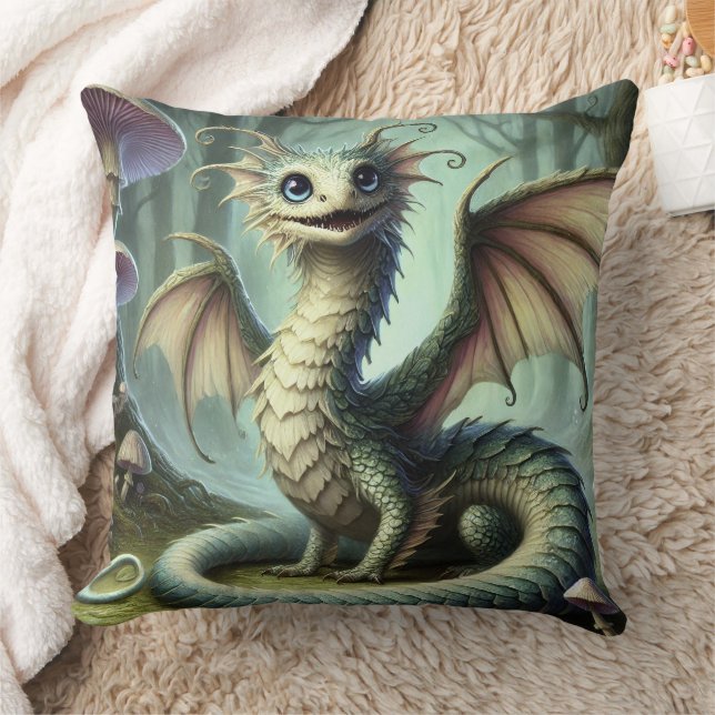 Dragon Jabberwocky Cute Fantasy Creature Art Throw Pillow (Blanket)