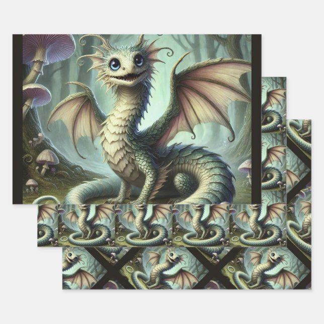 Dragon Jabberwocky Cute Fantasy Creature Art Wrapping Paper Sheets (Set)