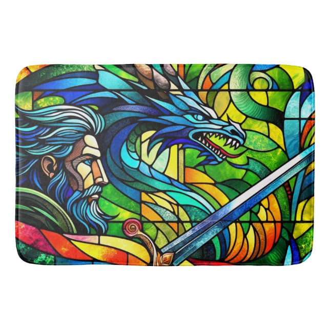 Dragon Knight Striking Stained Glass Fantasy Bath Mat (Front)