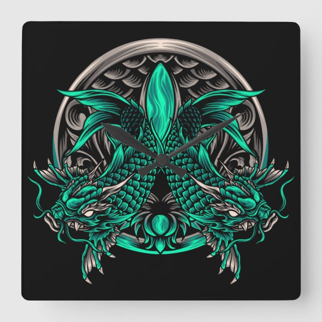 Dragon Koi Fish Square Wall Clock (Front)