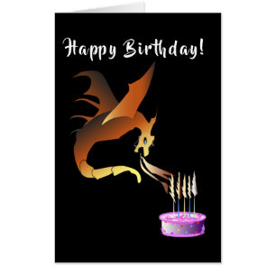 Dragon lighting birthday candles on pink cake card