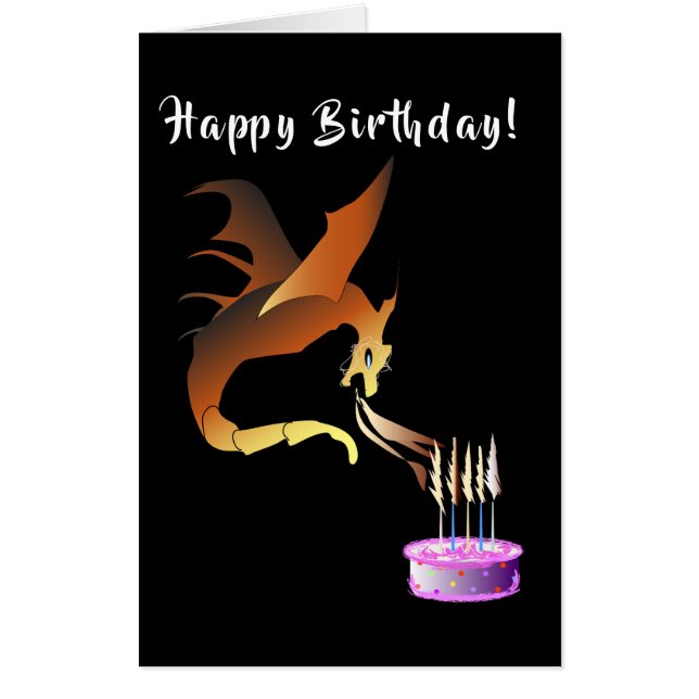 Dragon lighting birthday candles on pink cake card (Front)