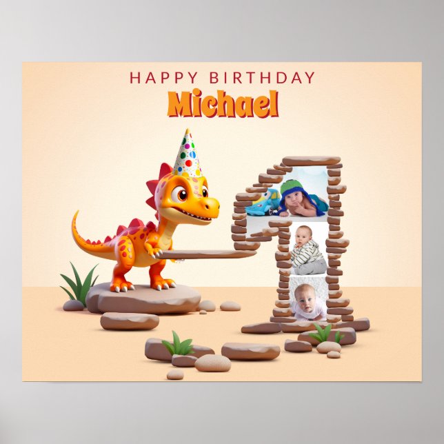 Dragon Little Dino | Photo Big Number 1st Birthday Poster (Front)
