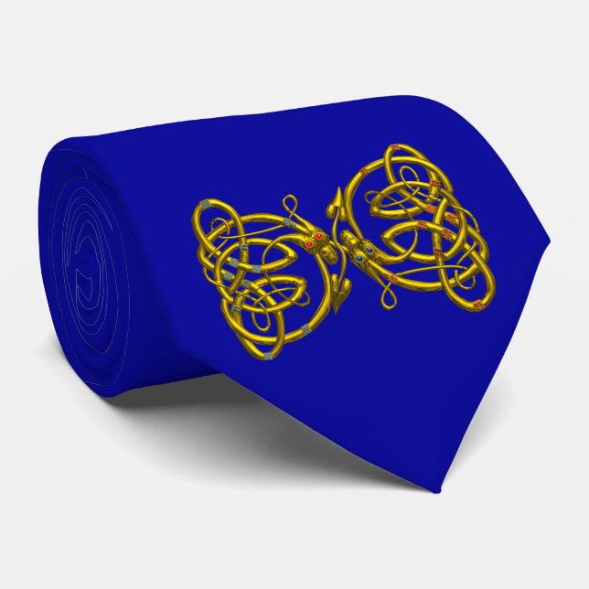 DRAGON LOVE / Gold Blue Celtic Knots Neck Tie (Rolled)