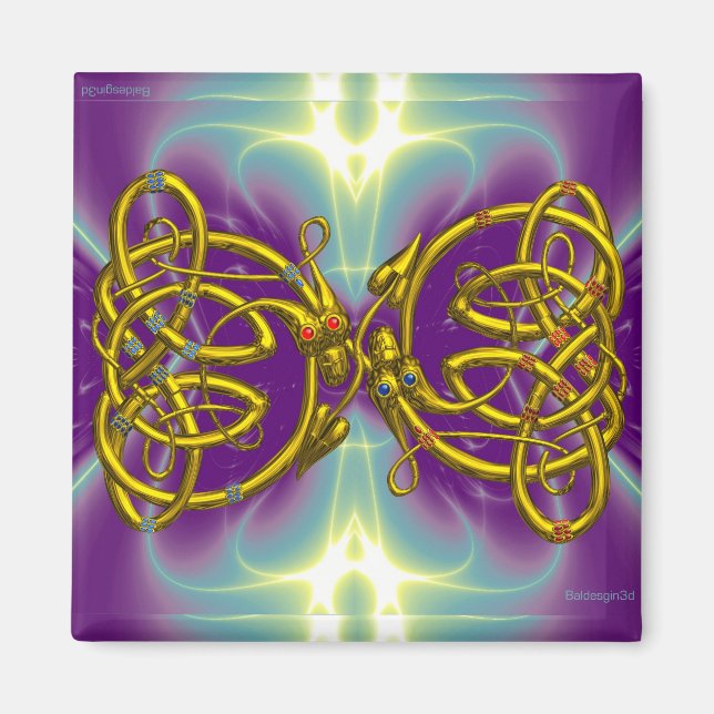 DRAGON LOVE / Gold Celtic Knot Dragons Magnet (Front)