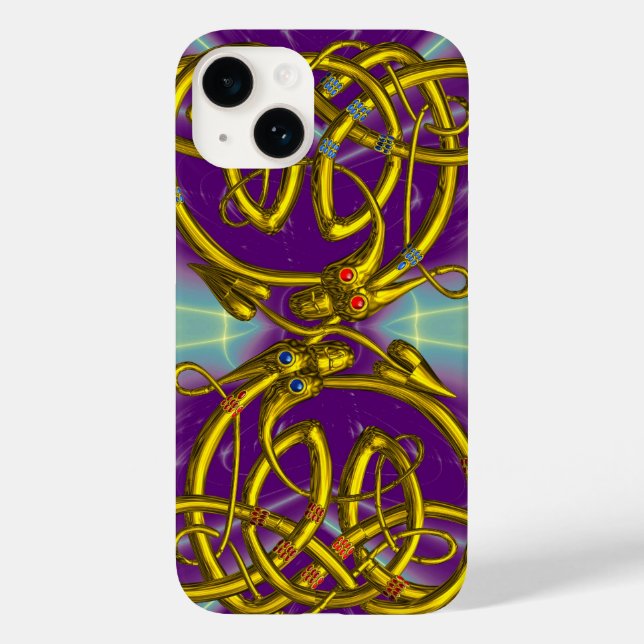 DRAGON LOVE ,GOLD CELTIC KNOTS  DRAGONS, Purple Case-Mate iPhone Case (Back)
