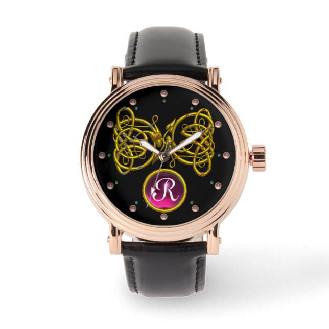 DRAGON LOVE/ GOLD CELTIC KNOTS GEMSTONE MONOGRAM WATCH (Front)