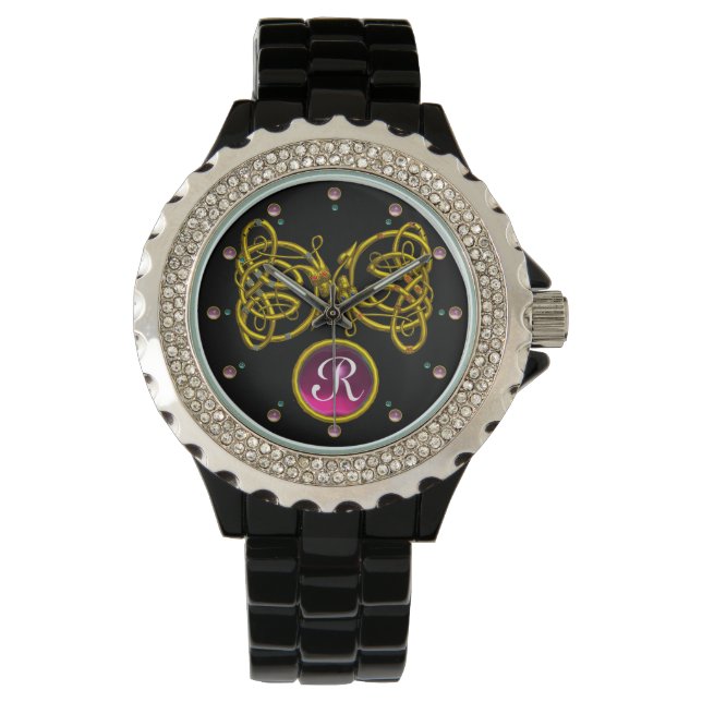 DRAGON LOVE/ GOLD CELTIC KNOTS GEMSTONE MONOGRAM WATCH (Front)