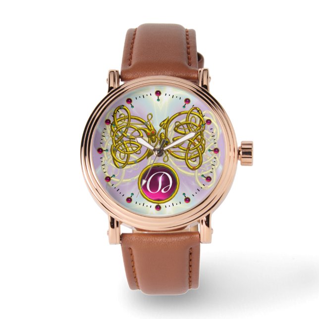 DRAGON LOVE/ GOLD CELTIC KNOTS GEMSTONE MONOGRAM WATCH (Front)