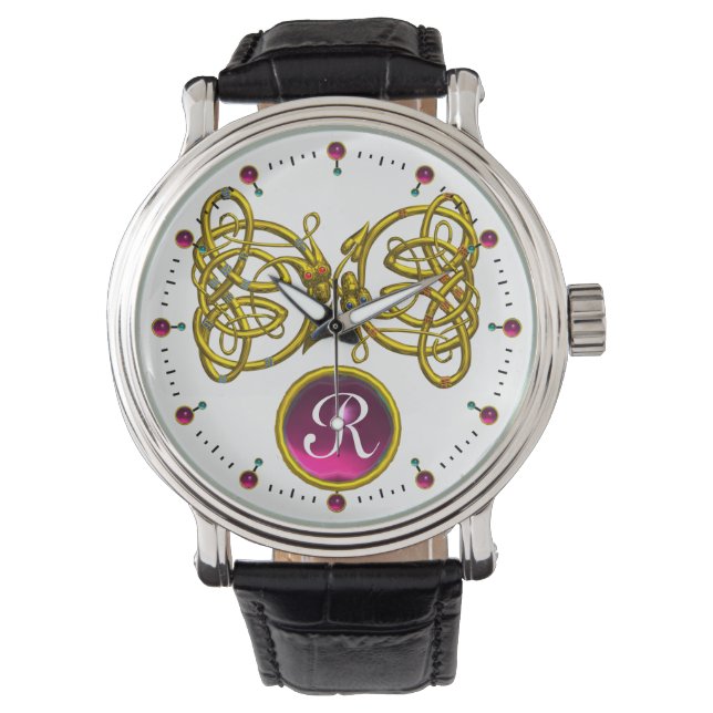 DRAGON LOVE/ GOLD CELTIC KNOTS GEMSTONE MONOGRAM WATCH (Front)