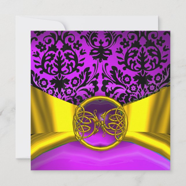 DRAGON LOVE GOLD PURPLE BLACK DAMASK MONOGRAM INVITATION (Front)