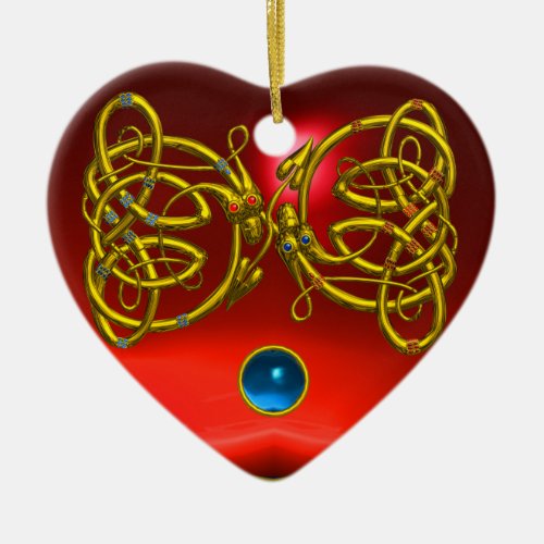 DRAGON LOVE HEART Red Ruby and Blue Sapphire Ceramic Ornament