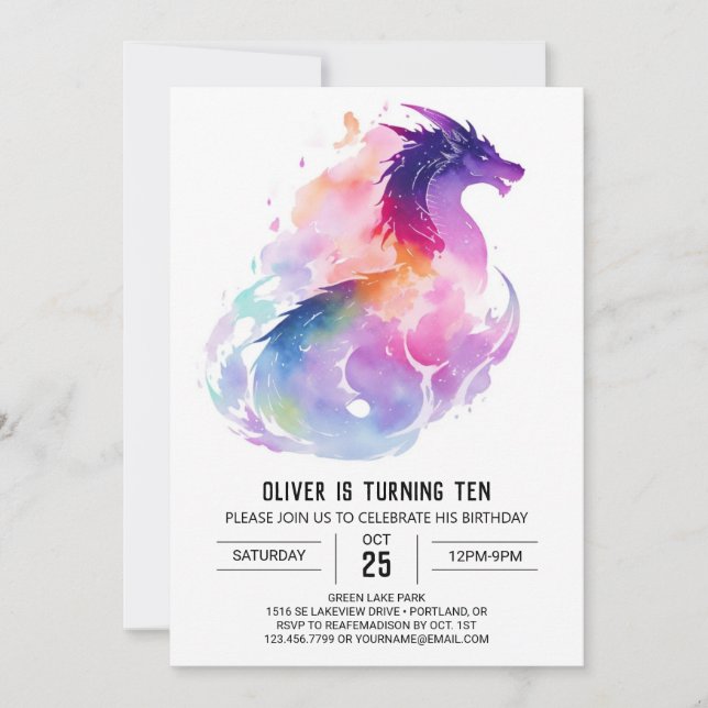  Dragon Magic Watercolor Birthday Invitation (Front)