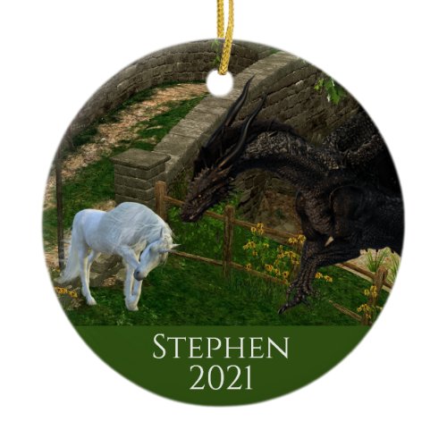 Dragon Meets Unicorn Fantasy Ceramic Ornament