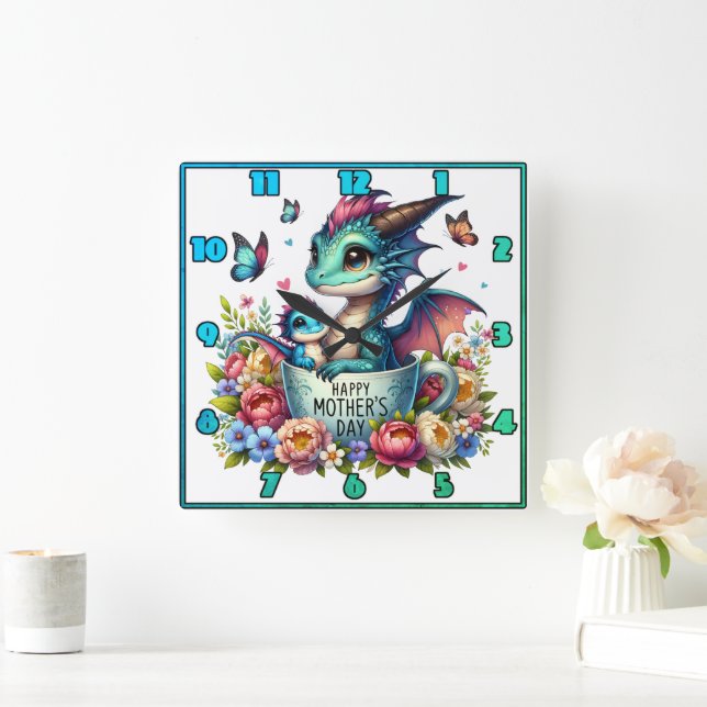 Dragon Mom: Pup, Flowers, Mother's Day Square Wall Clock (Home)