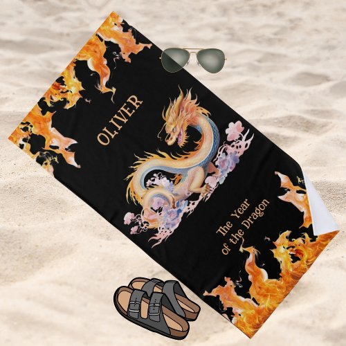 Dragon Monogram Chinese Zodiac Black Stylish Cool Beach Towel