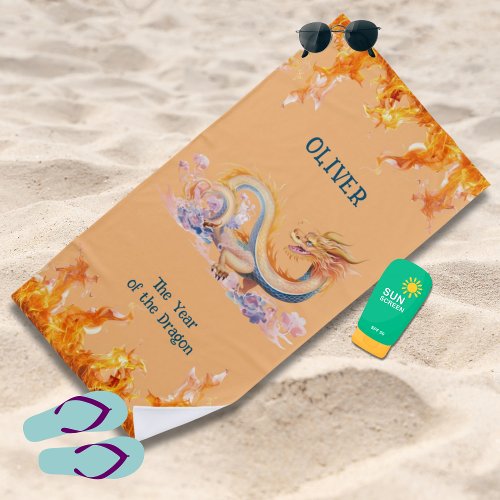 Dragon Monogram Chinese Zodiac Orange Stylish Cool Beach Towel