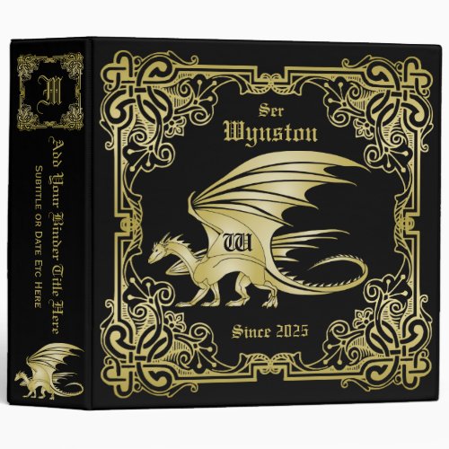 Dragon Monogram Gold Frame Traditional Book Cover 3 Ring Binder