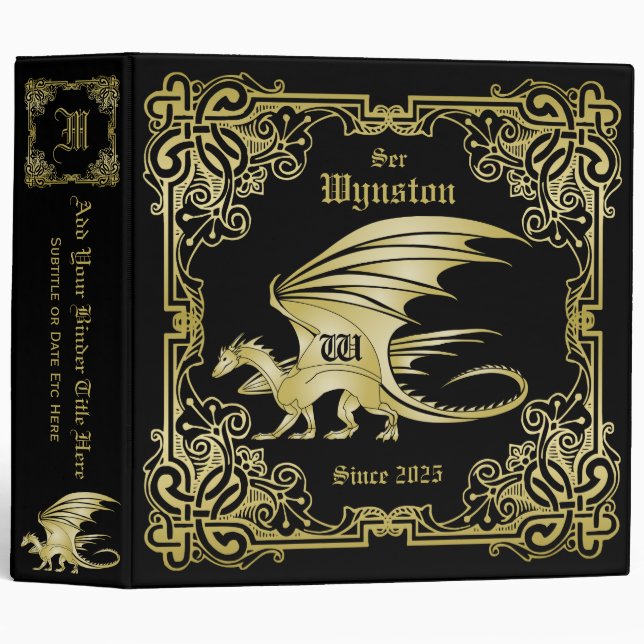 Dragon Monogram Gold Frame Traditional Book Cover 3 Ring Binder (Front/Spine)