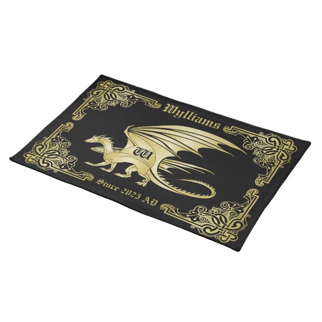 Dragon Monogram Gold Frame Traditional Book Cover Cloth Placemat (On Table)