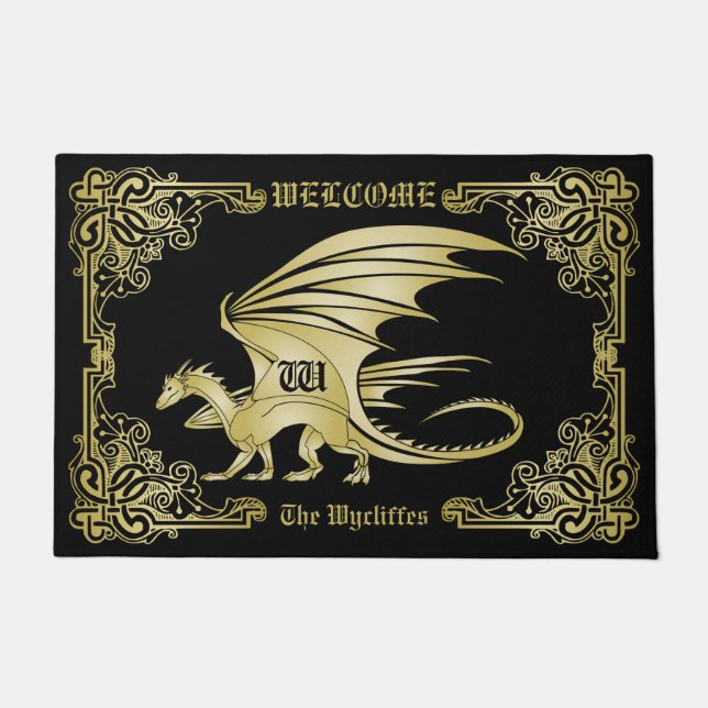 Dragon Monogram Gold Frame Traditional Book Cover Doormat (Front)