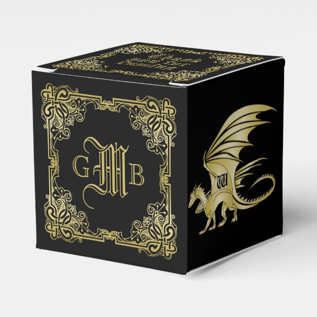 Dragon Monogram Gold Frame Traditional Book Cover Favor Boxes (Front Side)