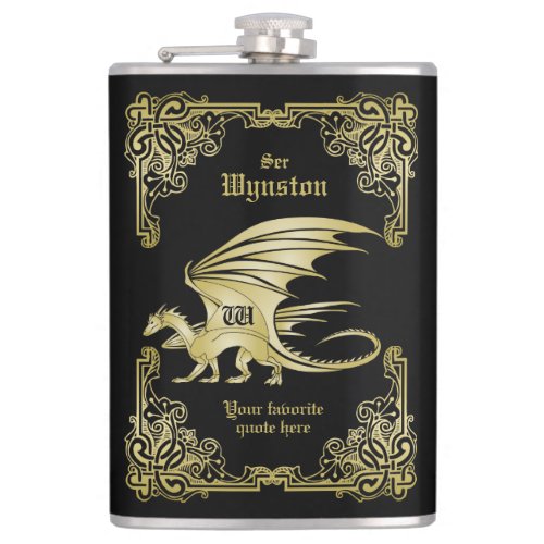 Dragon Monogram Gold Frame Traditional Book Cover Flask