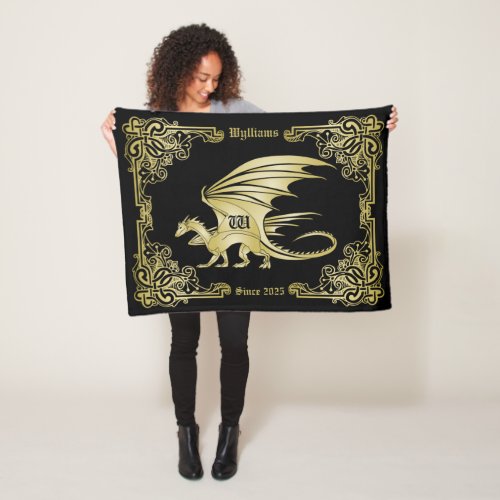 Dragon Monogram Gold Frame Traditional Book Cover Fleece Blanket