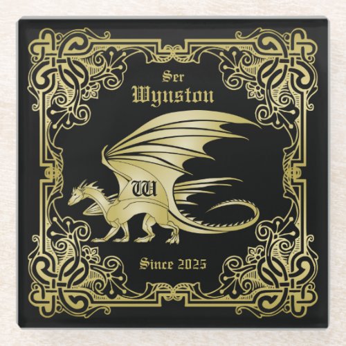 Dragon Monogram Gold Frame Traditional Book Cover Glass Coaster