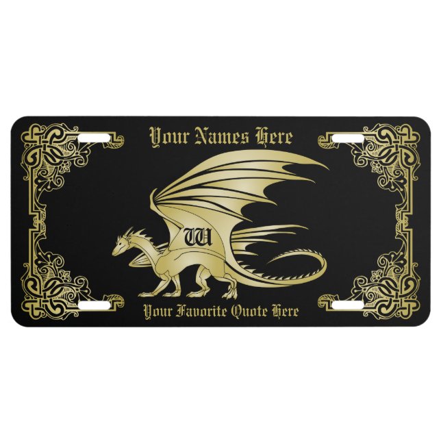 Dragon Monogram Gold Frame Traditional Book Cover License Plate (Front)