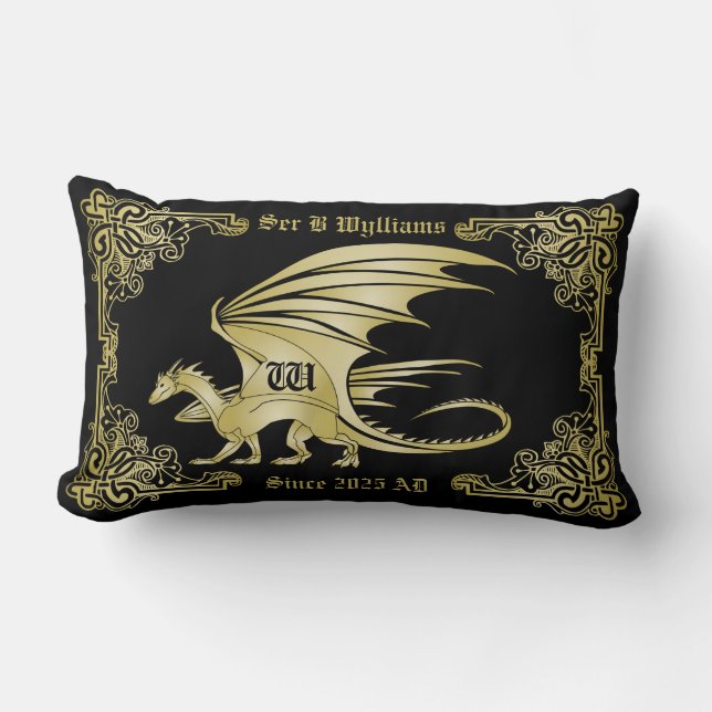Dragon Monogram Gold Frame Traditional Book Cover Lumbar Pillow (Front)