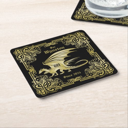 Dragon Monogram Gold Frame Traditional Book Cover Square Paper Coaster