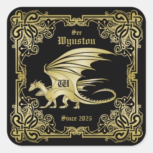 Dragon Monogram Gold Frame Traditional Book Cover Square Sticker