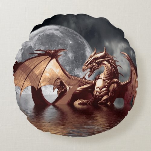 Dragon  Moon Fantasy Mythical Round Pillow