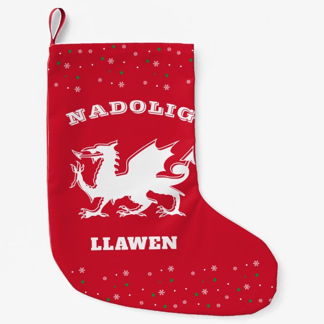 Dragon Nadolig Llawen Merry Christmas Welsh Themed Small Christmas Stocking (Front)