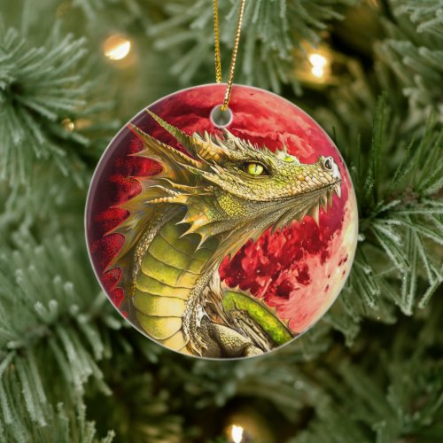 Dragon on Bloody Moon Ceramic Ornament