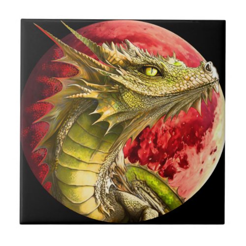 Dragon on Bloody Moon Ceramic Tile