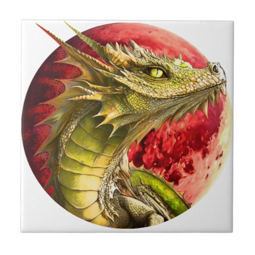 Dragon on Bloody Moon Ceramic Tile